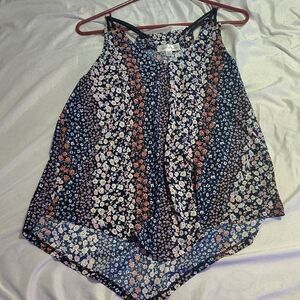 Asymmetrical Blue and White Sleeveless Tank Blouse